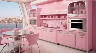 a spacious kitchen featuring a large retro-style refrigerator painted in pastel pink. It sits perfectly against the white tiled wall and gray cabinetry. A pink stand mixer can also be seen on the far-end countertop, complementing the refrigerator's tone perfectly.