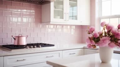 an eye-catching, all-white kitchen where the backsplash steals the show. The backsplash features glossy pink subway tiles, extending from the countertop to the ceiling. It creates a beautiful contrast and adds depth to the space.