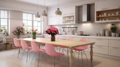  a kitchen island is highlighted with sleek bar stools upholstered in blush pink. They stand out against the neutral tones of the kitchen, adding a pop of color without being too overwhelming. A bouquet of pink flowers sits on the countertop, echoing the color of the stools.