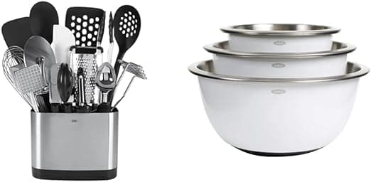 amazon image OXO Good Grips 15-Piece Everyday Kitchen Utensil Set & Good Grips 3-Piece Stainless-Steel Mixing Bowl Set