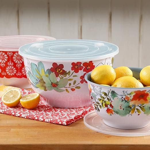 Amazon image Pioneer Woman Melamine Mixing Bowls with Lids 