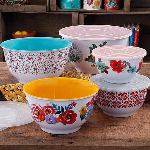 Amazon image The Pioneer Woman Country Garden Nesting Mixing Bowl Set, 10-Piece, Multiple Patterns