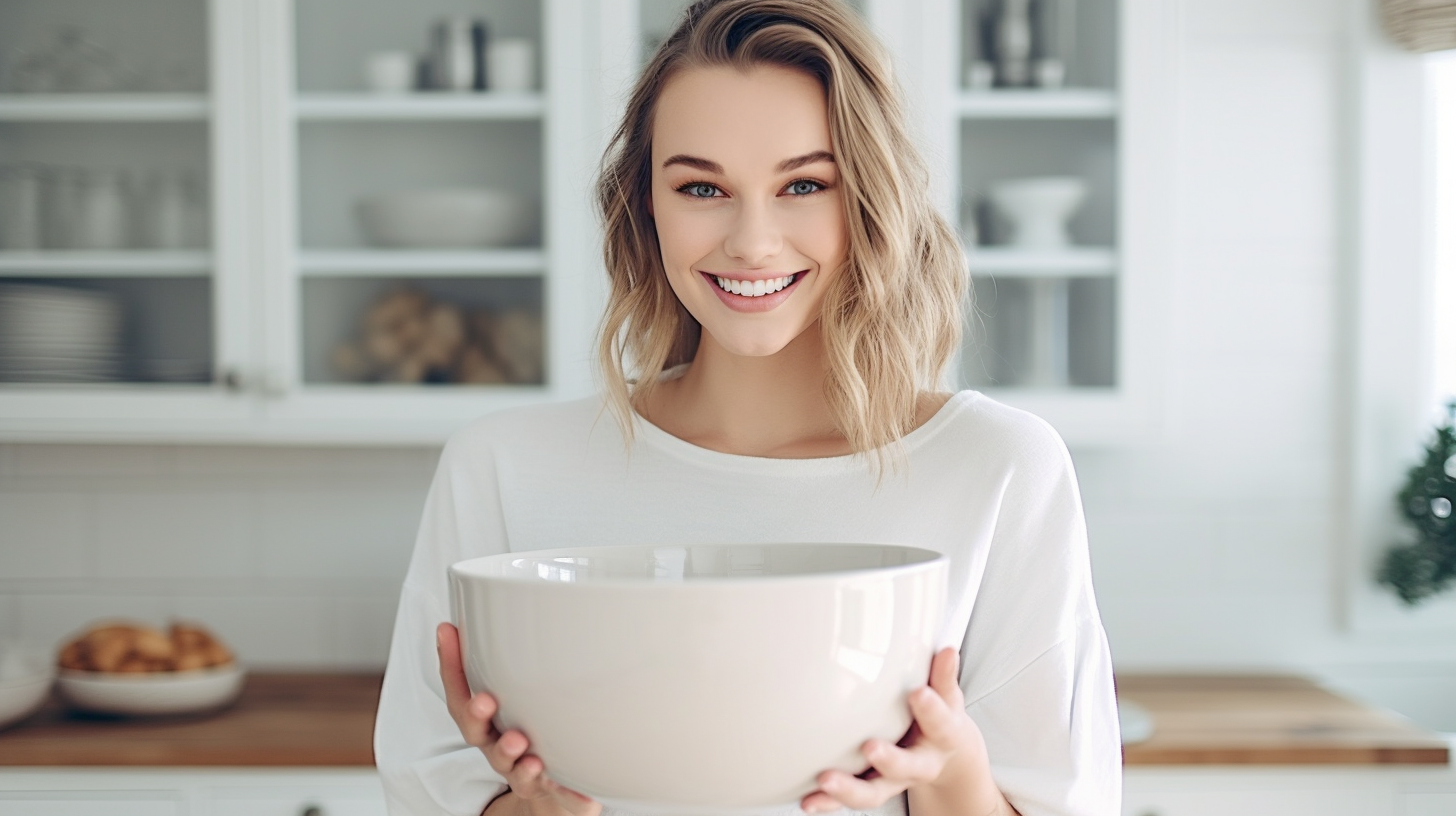 large mixing bowl being held by a woman
