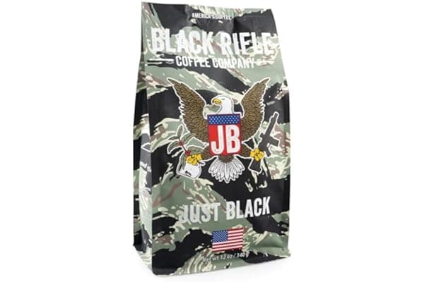 Black Rifle Coffee Just Black (Medium Roast) Ground 12 Ounce Bag, Medium Roast Ground Coffee, Featuring a Cocoa and Vanilla Aroma, Bold Tasting Notes, and a Smooth Buttery Finish, Helps Support Veterans and First Responders