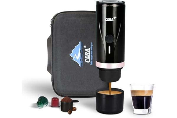 CERA+ Portable Mini Espresso Machine, 12V/24V Rechargeable Car Coffee Maker with Self-Heating, 20 Bar Pressure Compatible with NS Pods & Ground Coffee for Travel, Camping, Office, Home