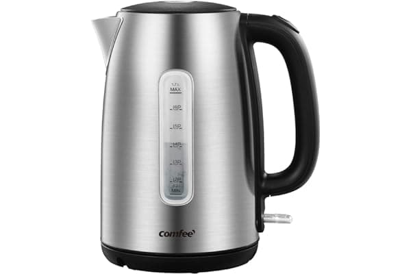 COMFEE' Stainless Steel Cordless Electric Kettle. 1500W Fast Boil with LED Light, Auto Shut-Off and Boil-Dry Protection. 1.7 Liter