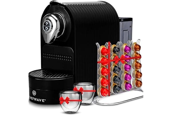 ChefWave Espresso Machine & Coffee Maker Compatible with Nespresso Original Capsules (Black) - Programmable, One-Touch, Premium, Italian 20 Bar High Pressure Pump with Pod Holder & Double-Wall Glasses