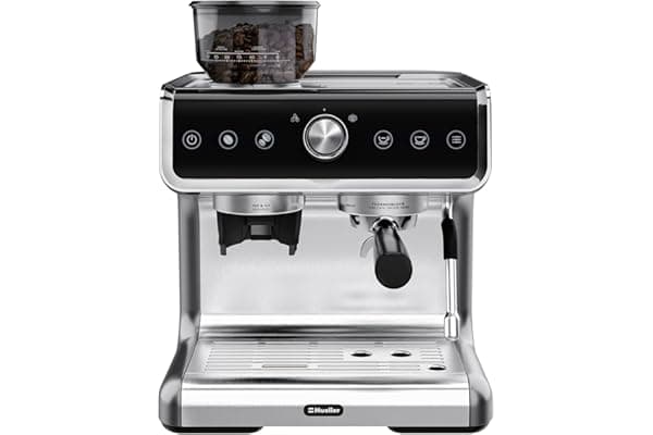 Mueller Premium Espresso Machine Coffee Maker with Milk Frother, Coffee Grinder, 15 Bar, Stainless Steel, Standard and Bottomless Portafilter, Multiple Filters, Temp Control, Complete Barista Kit