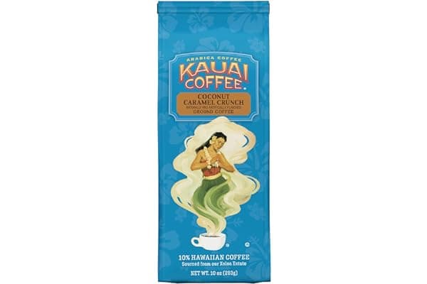Kauai Hawaiian Ground Coffee, Coconut Caramel Crunch Flavor (10 Ounces) - 10% Hawaiian Coffee from Hawaii's Largest Coffee Grower - Bold, Rich Blend