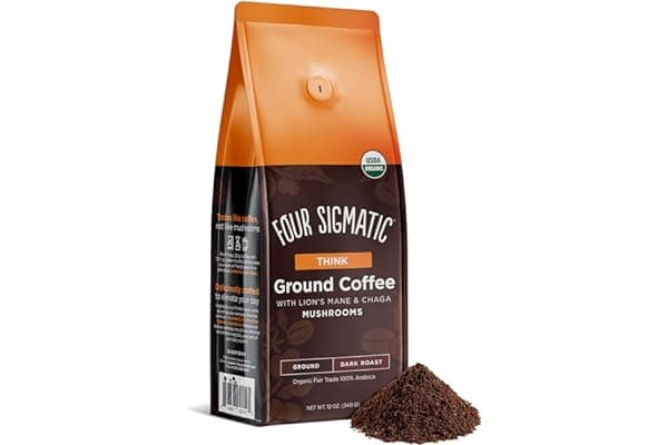 Organic Mushroom Ground Coffee by Four Sigmatic | Dark Roast, Fair Trade Gourmet Coffee with Lion's Mane, Chaga & Mushroom Powder | Immune Boosting Coffee for Focus & Immune Support | 12oz Bag