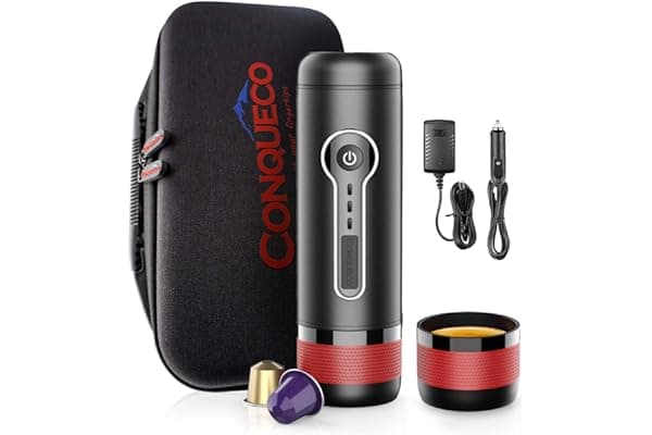 CONQUECO Portable Coffee Maker: 12V Travel Espresso Machine, 15 Bar Pressure Rechargeable Battery Heating Water with Organize Case for Camping, Driving, Home and Office