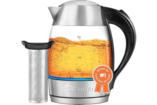 Chefman Electric Glass Kettle, Fast Boiling W/ LED Lights, Auto Shutoff & Boil Dry Protection, Cordless Pouring, BPA Free, Removable Tea Infuser, 1.8 Liters