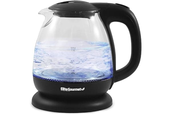 Elite Gourmet EKT1001B Electric 1.0L BPA-Free Glass Kettle Cordless 360° Base, Stylish Blue LED Interior, Handy Auto Shut-Off Function – Quickly Boil Water For Tea & More, Graphite Black