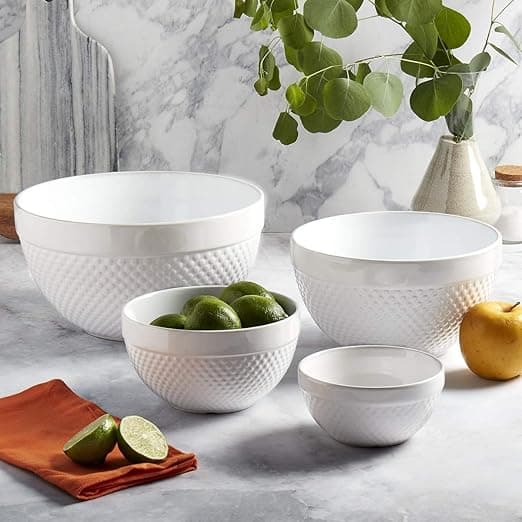 Tabletops Gallery Hobnail Style 4 Piece Classic White Stoneware Nesting Mixing Bowl Set