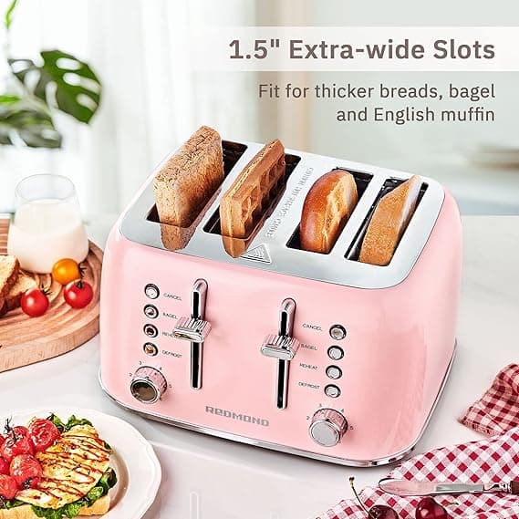 REDMOND Toaster 4 Slice, Retro Stainless Steel Toaster with Extra Wide Slots Bagel