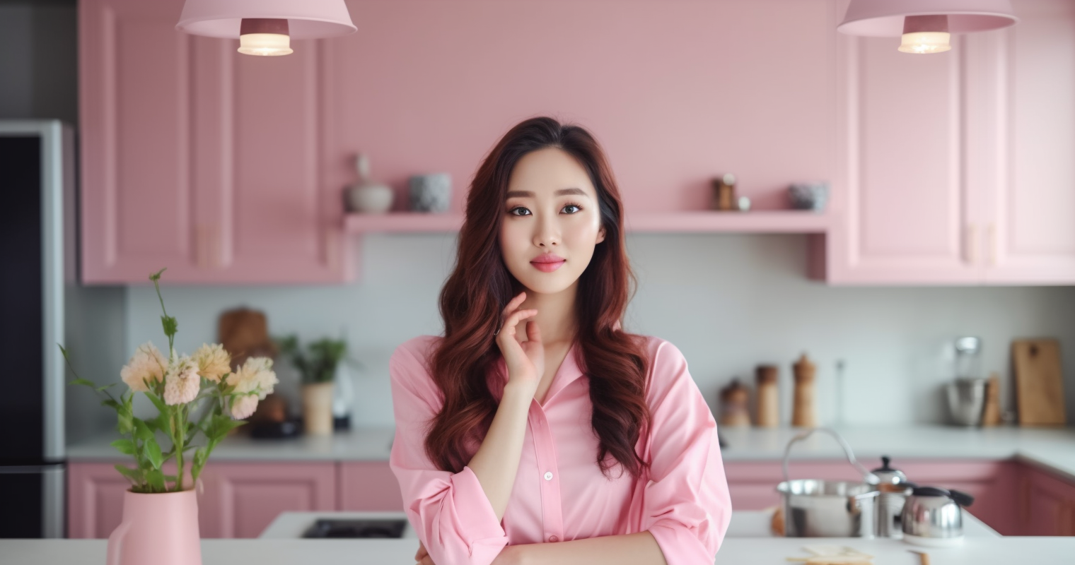 woman in a beautiful pink kitchen