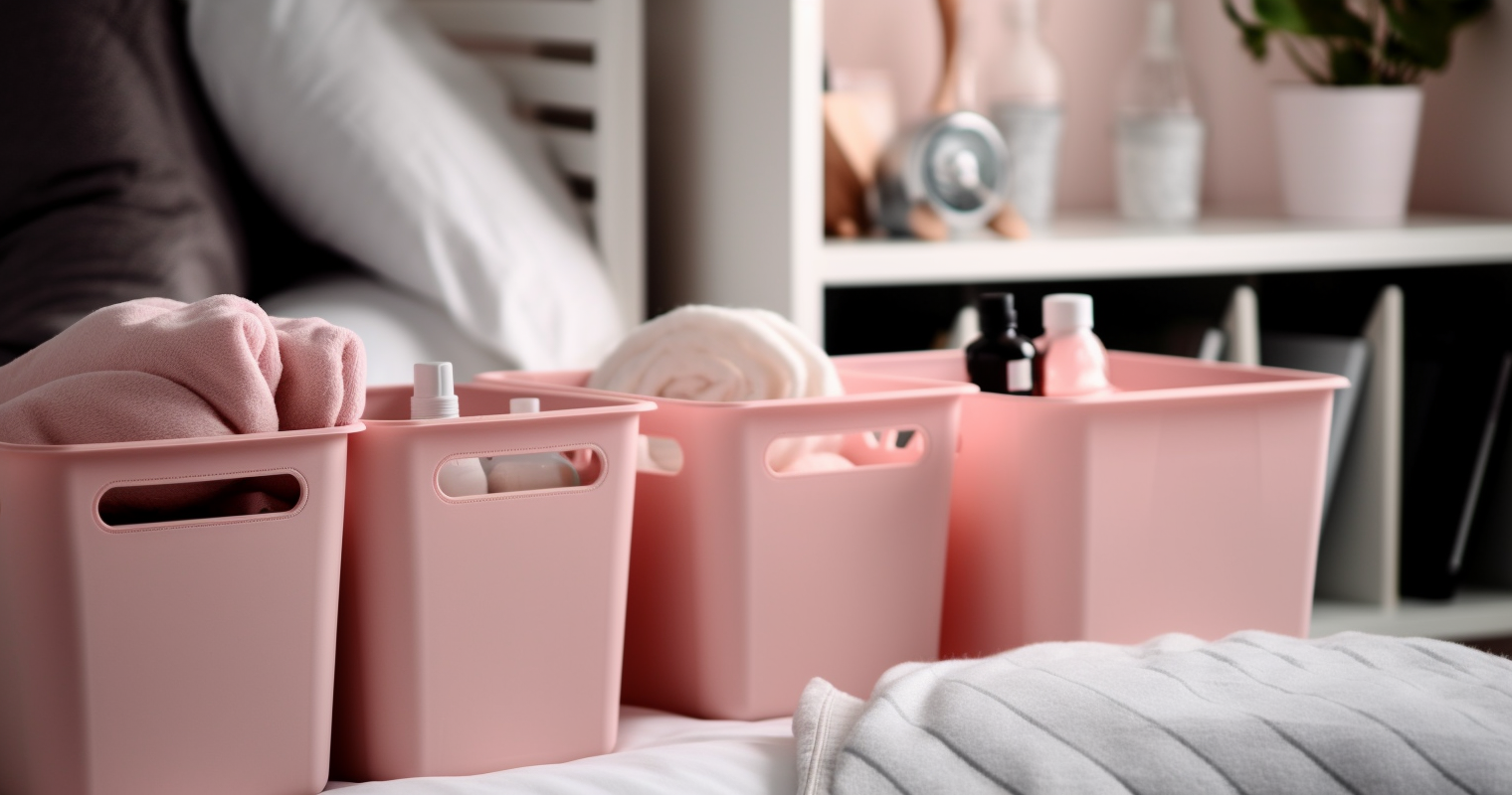 pink storage in the pantry