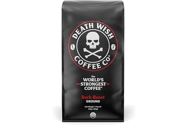 Death Wish Coffee Dark Roast Grounds - 16 Oz - The World's Strongest Coffee - Bold & Intense Blend of Arabica & Robusta Beans - USDA Organic Ground Coffee - Dark Coffee for Morning Boost