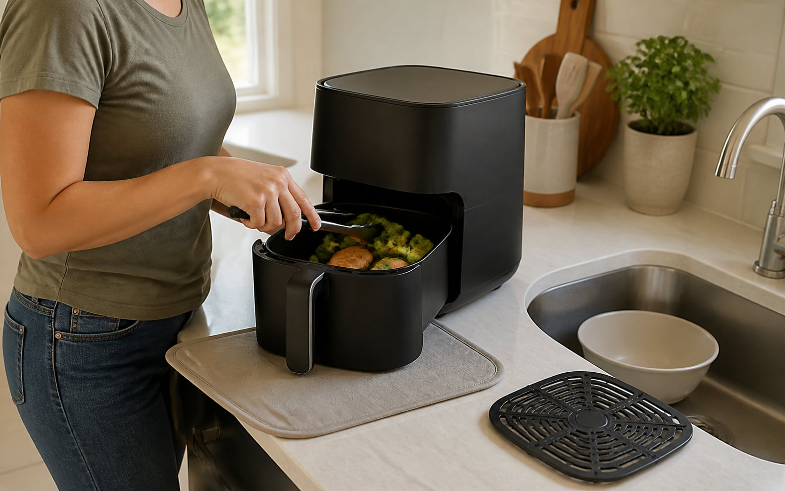 Editorial scene showing a generic basket-size portion and the nearby cleanup area.
