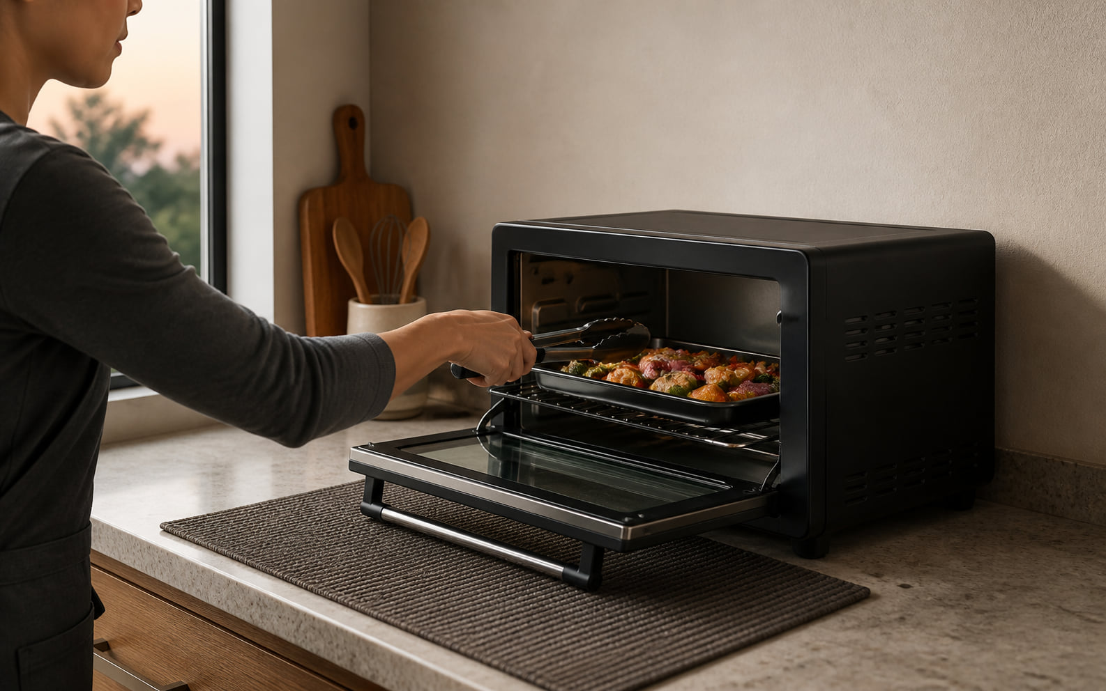 Editorial scene showing a comparable small tray job in a generic countertop oven.