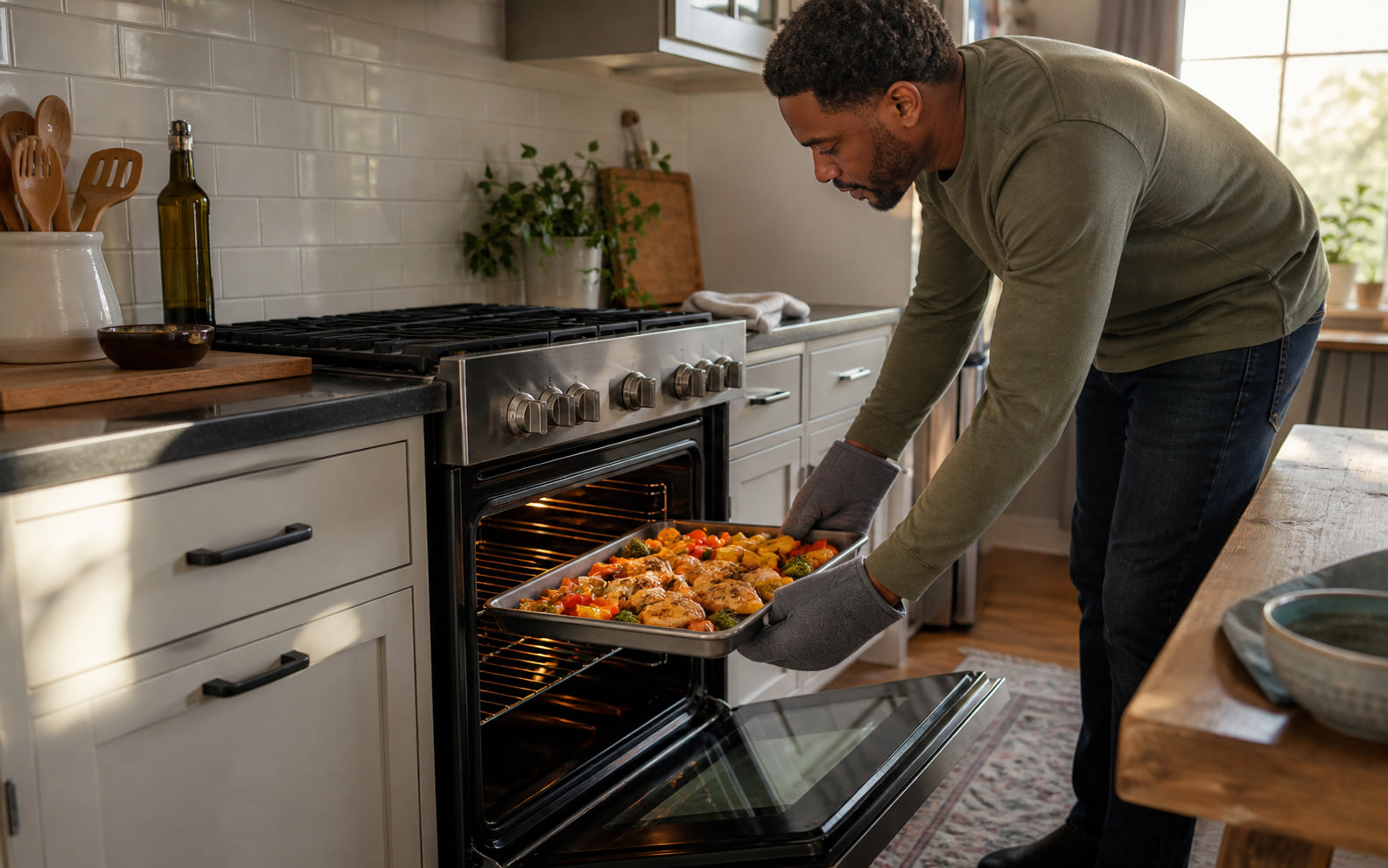 Editorial scene showing the existing oven and familiar cookware without a countertop appliance.