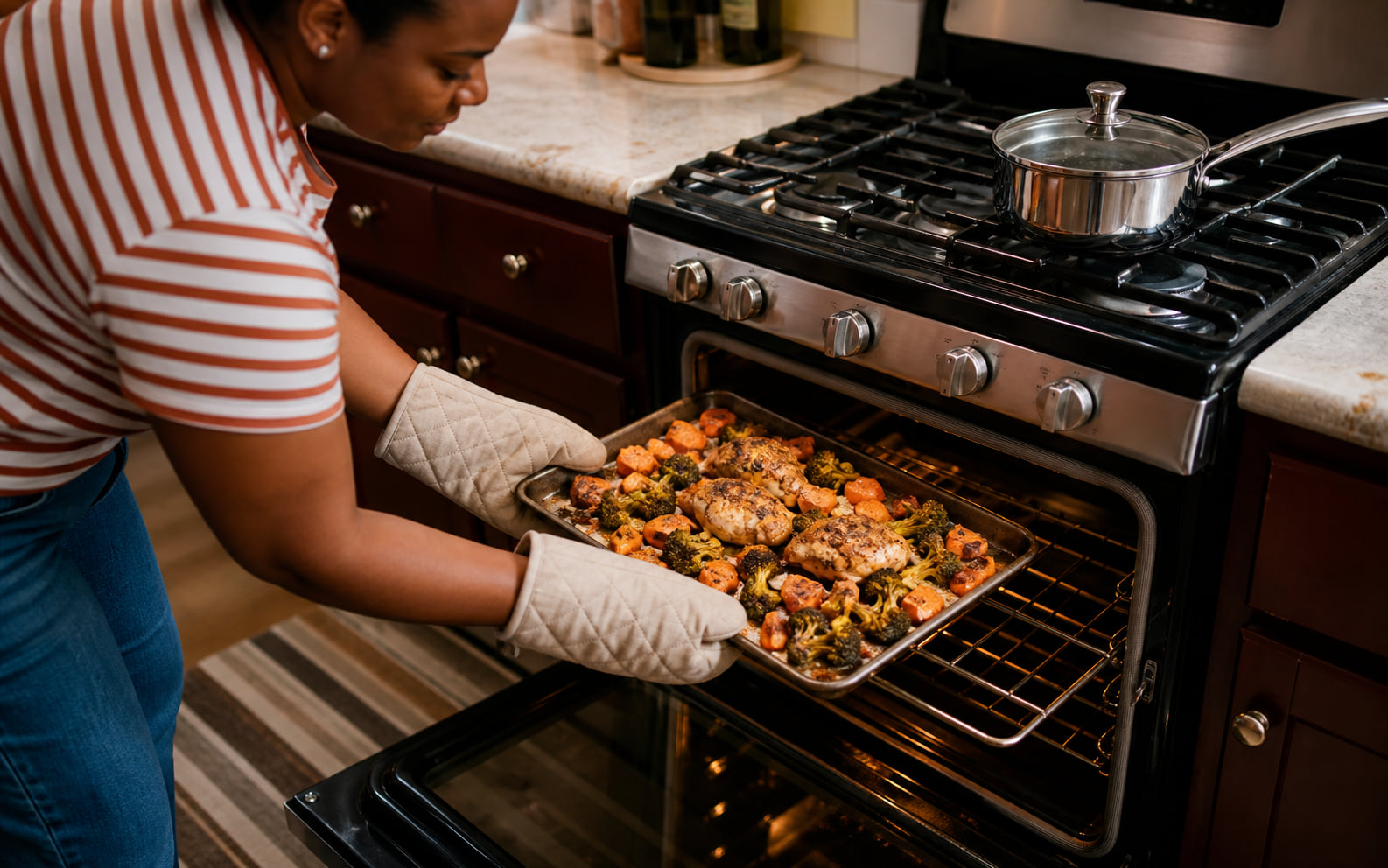 Editorial scene showing a familiar full-size oven and stovetop routine working without a countertop appliance.