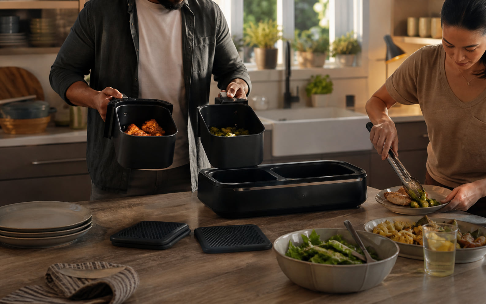 Editorial scene showing separate meal components, dual controls, and multiple hot food-contact parts.