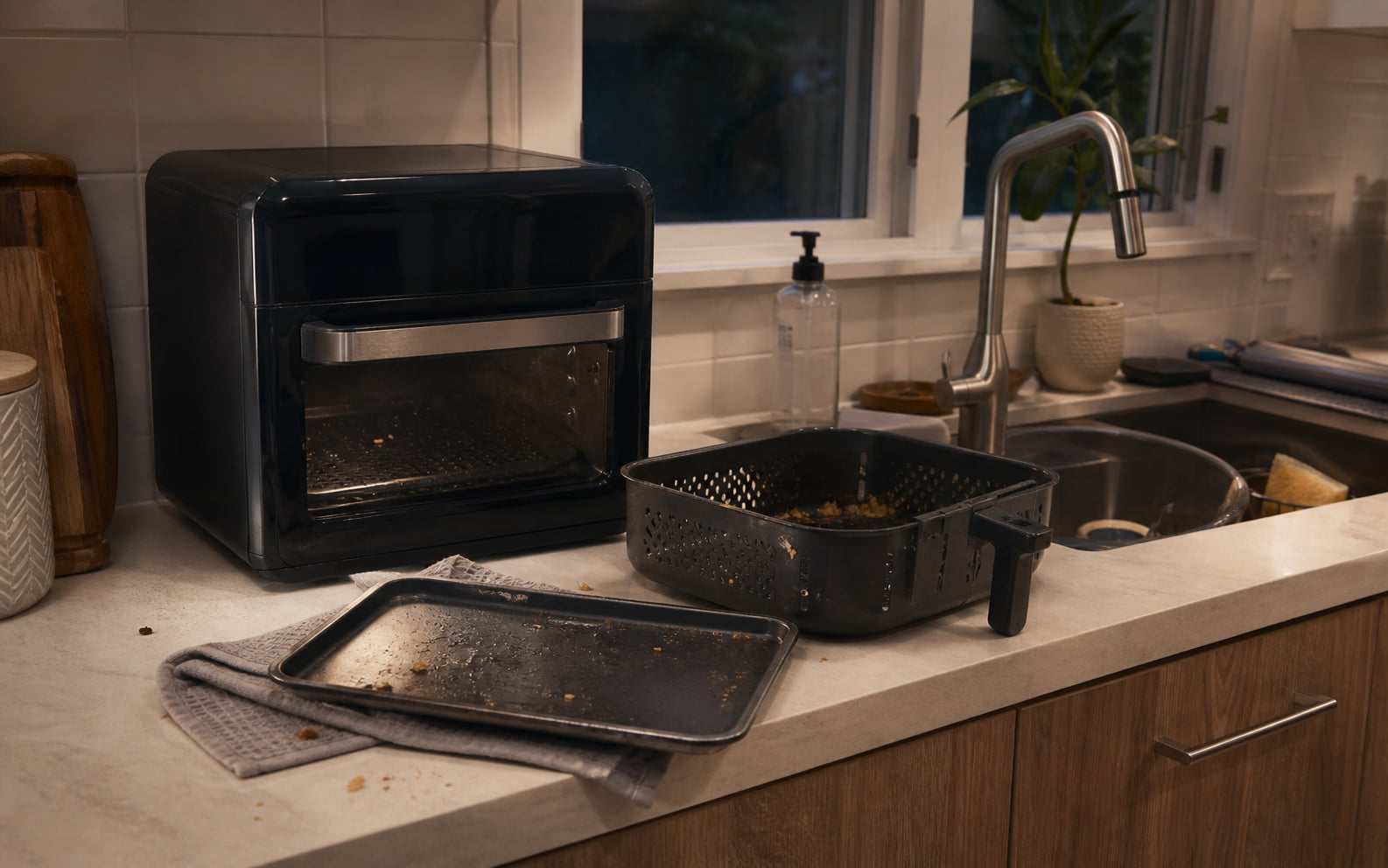 Editorial scene showing a generic countertop cooker, used basket, tray, crumbs, and unfinished after-dinner cleanup.