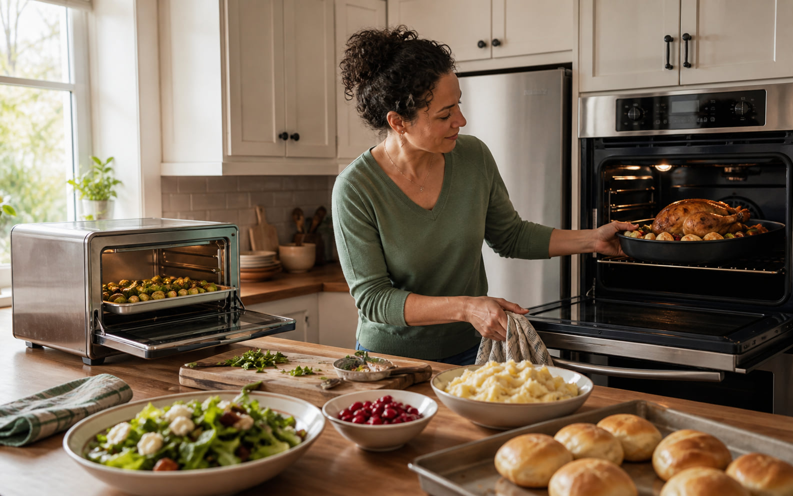 Editorial scene showing separate meal components using countertop and full-size oven heat at the same time.