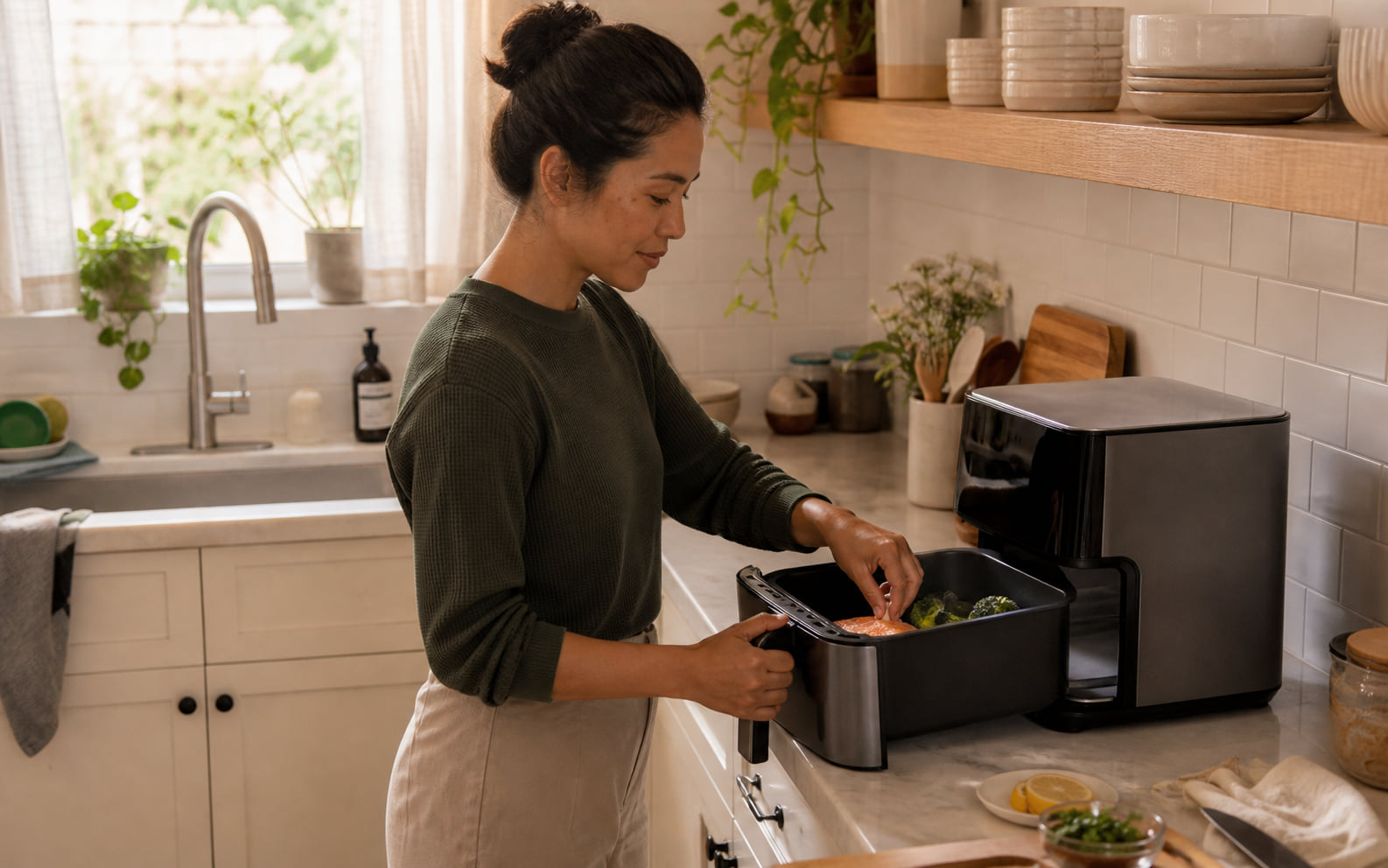 Editorial scene showing a person loading a modest dinner portion into a generic basket-style cooker on a clear counter.