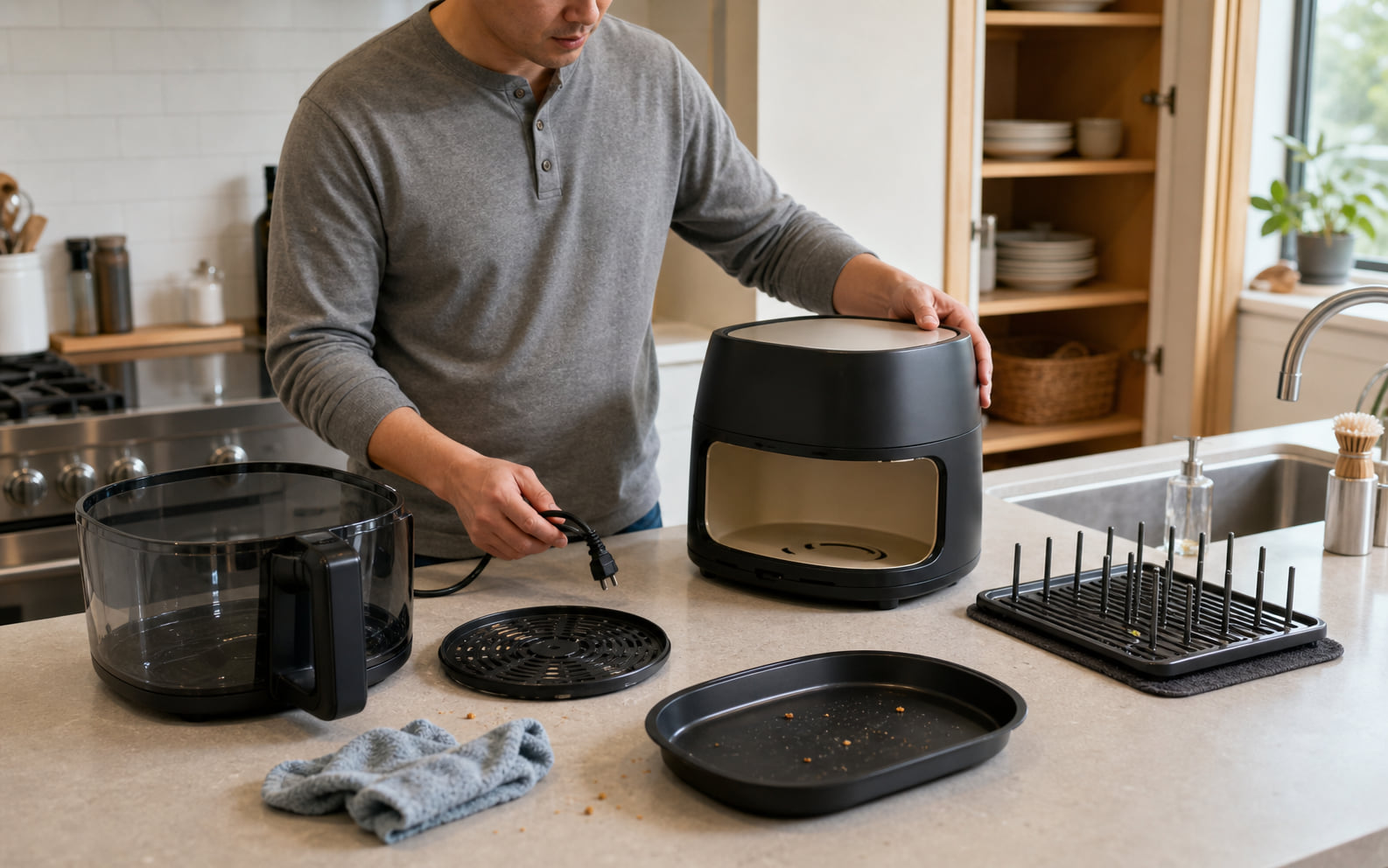 Editorial scene showing a generic countertop cooker with food-contact parts, crumbs, grease, cord, clearance, and storage.