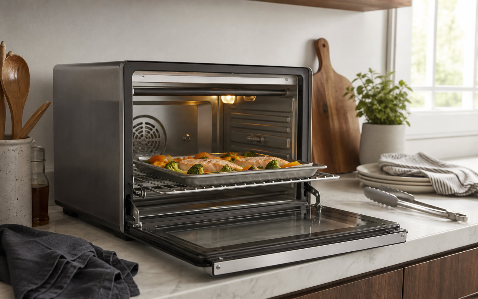 Editorial scene showing a generic countertop oven with rack, tray, open-door clearance, and nearby accessories.