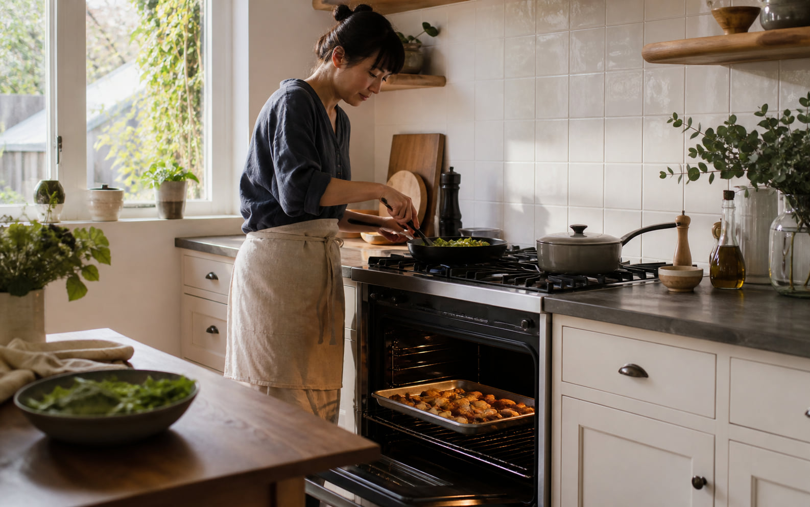 Editorial scene showing a familiar full-size oven and stovetop routine working without a countertop appliance.