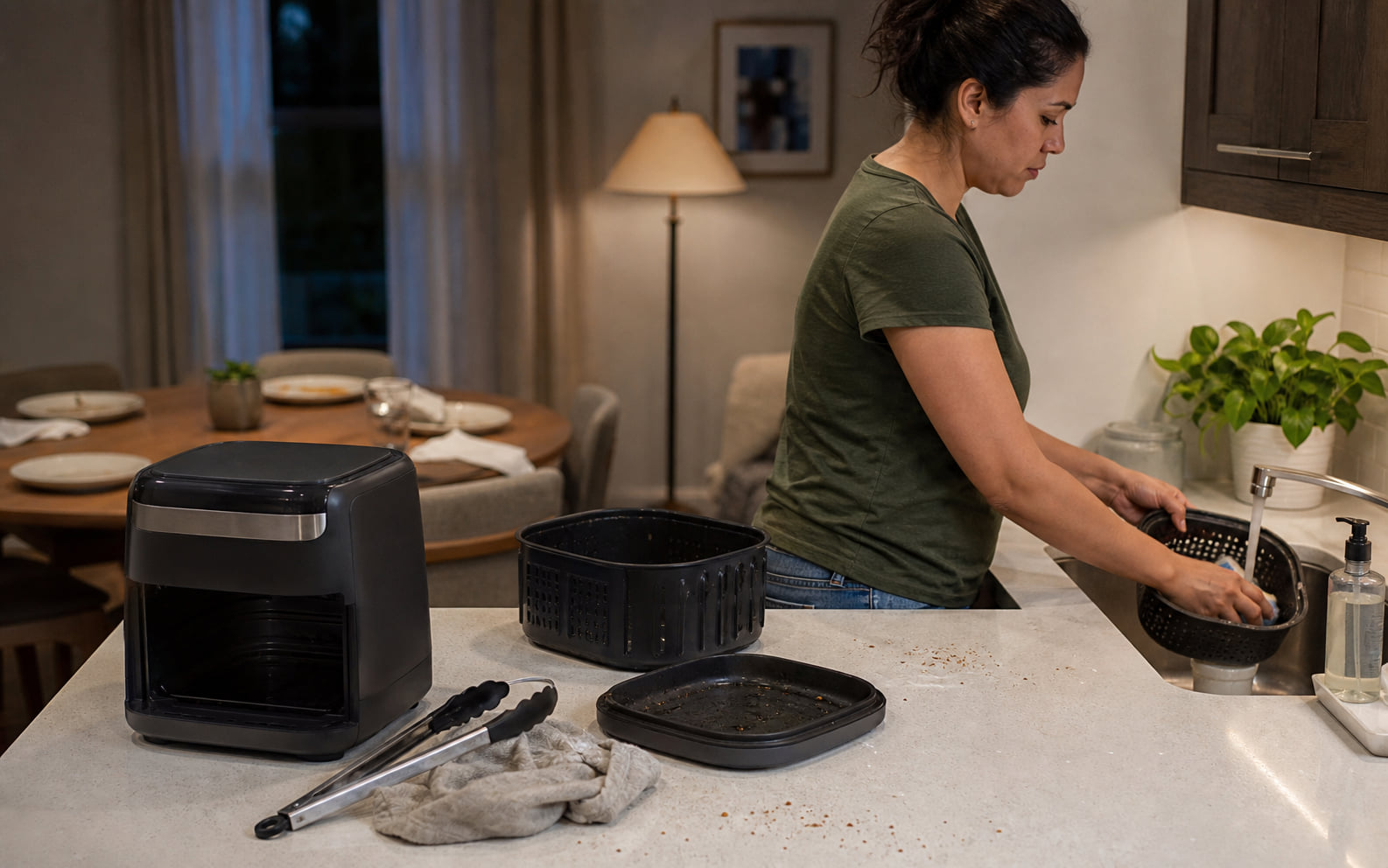 Editorial scene showing the basket, tray, crumbs, grease, and cooling appliance that remain after dinner.