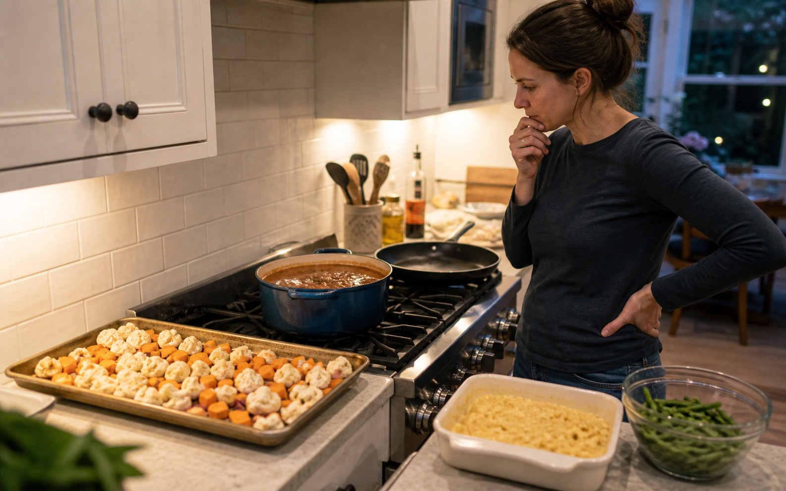 Several dinner components competing for one existing oven and stovetop.