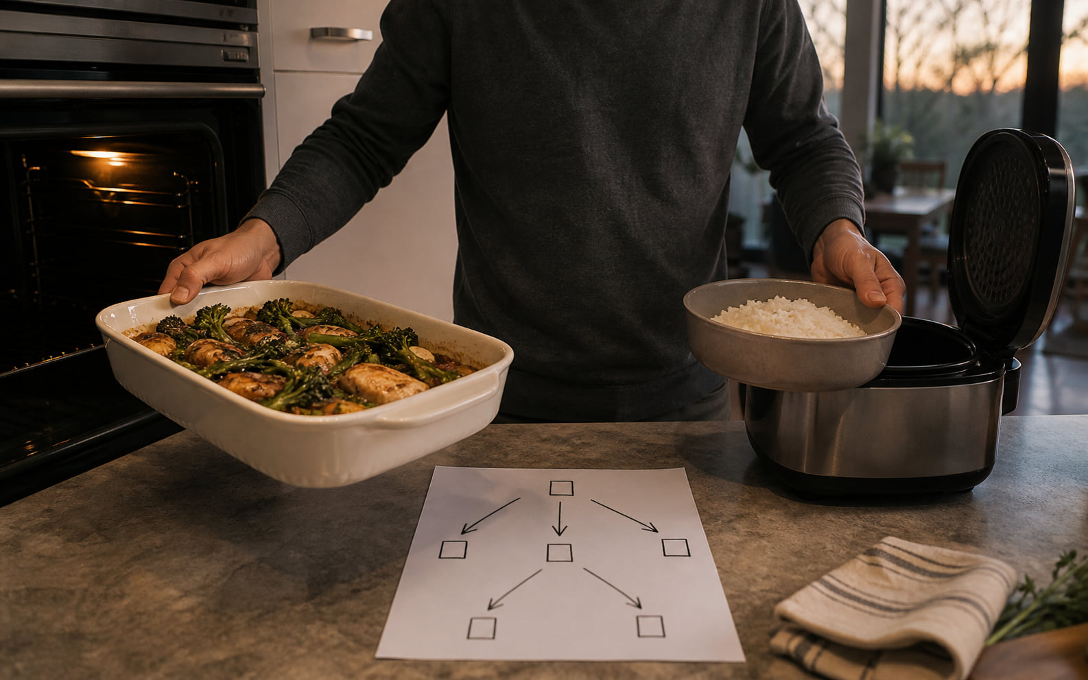 Editorial scene showing two meal components, separate heat destinations, and a serving sequence.