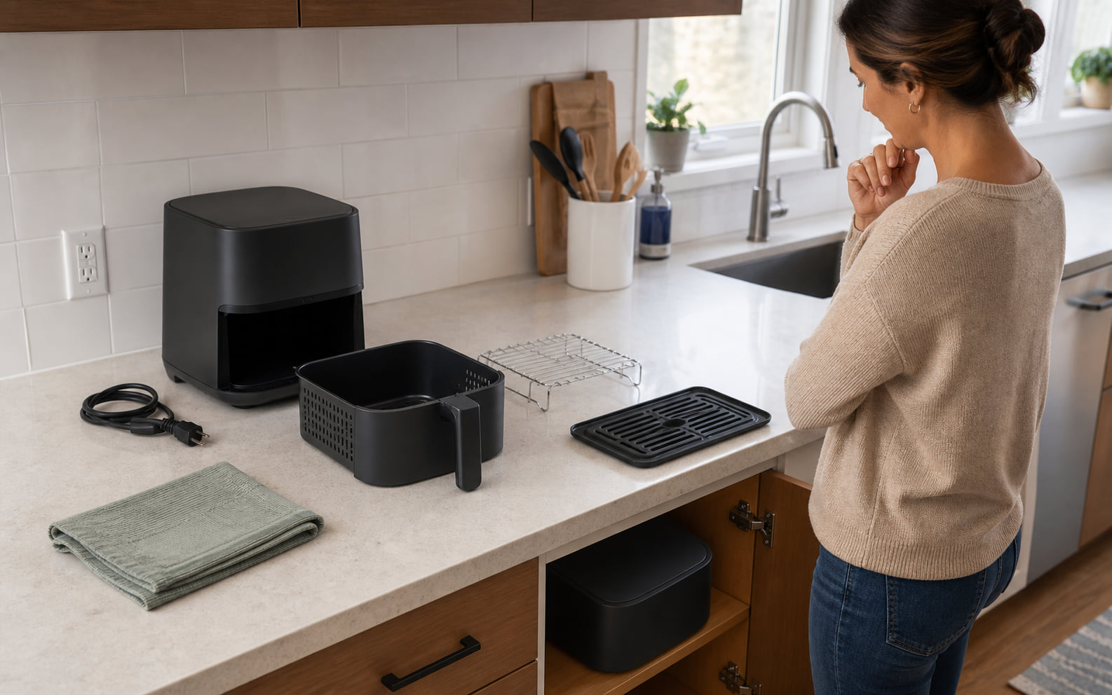 Editorial scene showing removable parts, crumbs, cord, clearance, cleaning, and storage around countertop cooking.