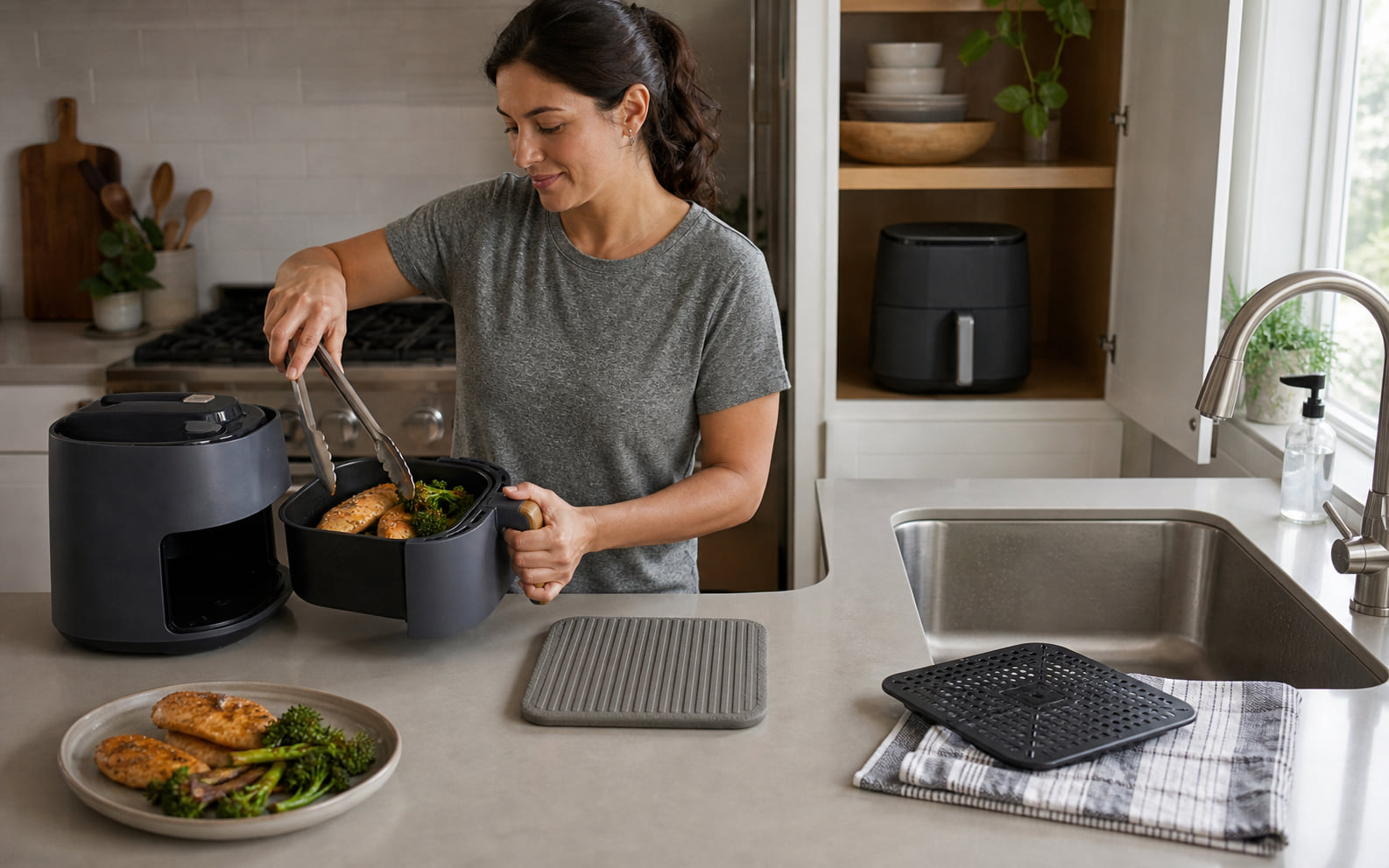 Editorial scene showing loading, checking, hot handling, cleaning, and storage around a generic countertop cooker.