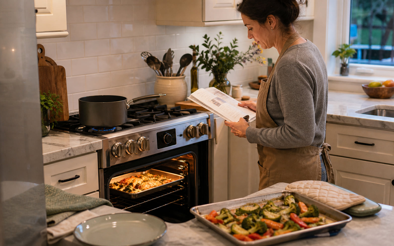 Editorial scene showing the current full-size oven routine with one shared cavity and meal components waiting in sequence.