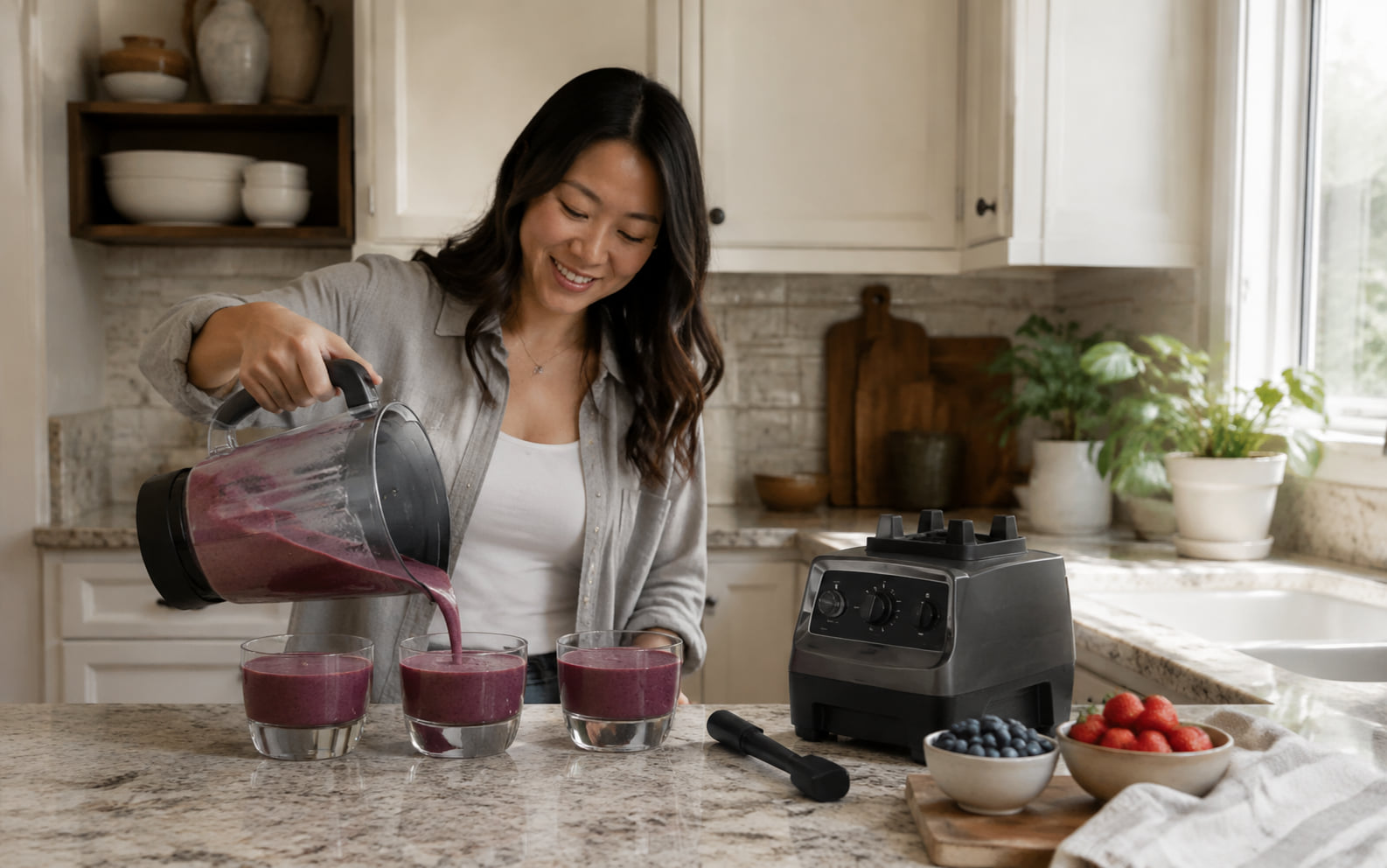 Editorial scene showing several servings and the complete generic full-size pitcher blending system.