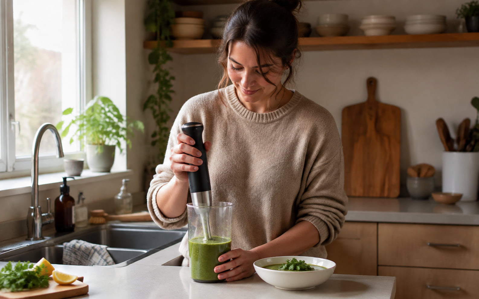 Editorial scene showing an existing tool completing one small blending or mixing job without a countertop blender.