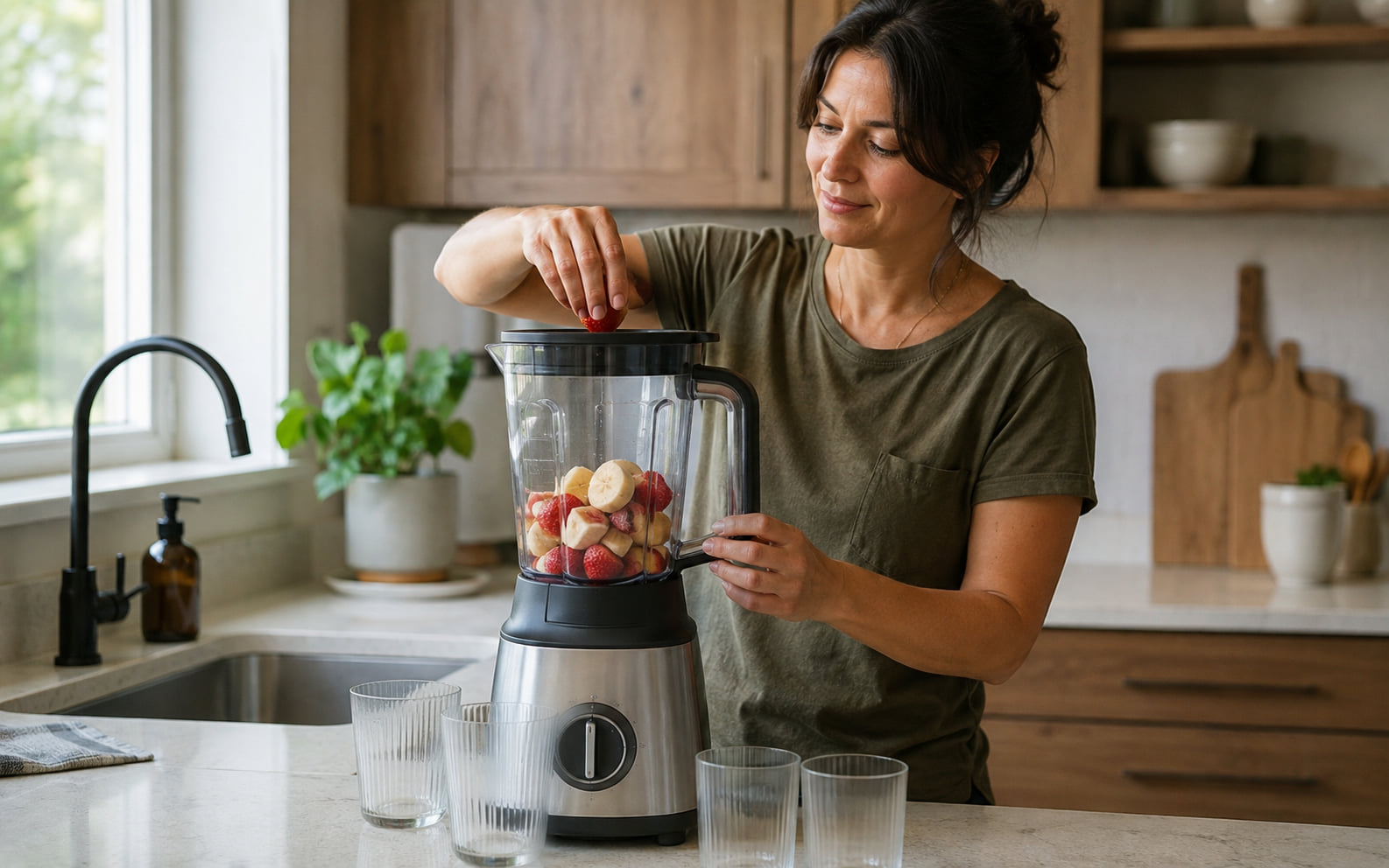 Editorial scene showing a generic full-size blender supporting an ordinary recurring pitcher recipe.