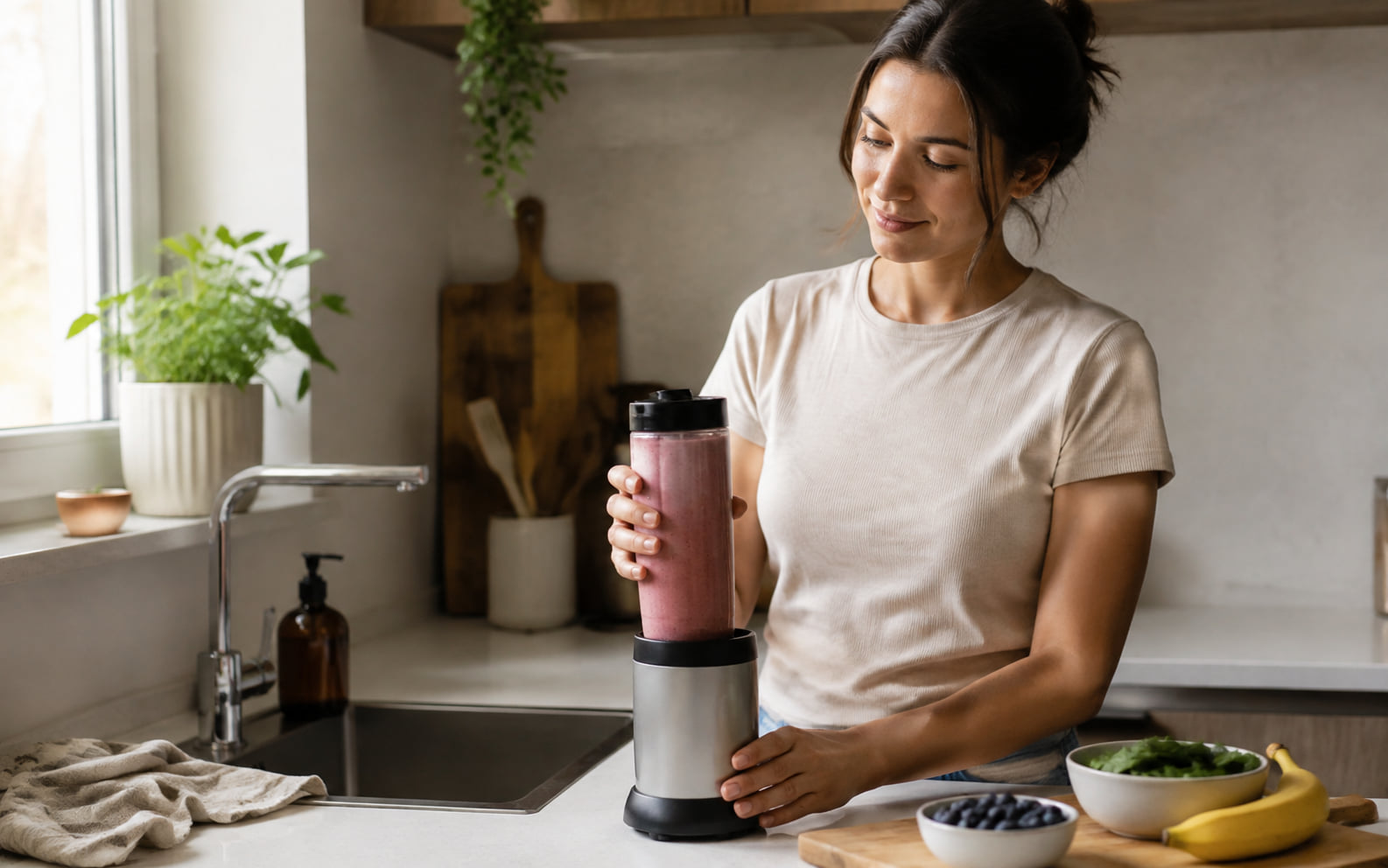 Editorial scene showing one serving and the complete generic personal-cup blending system.