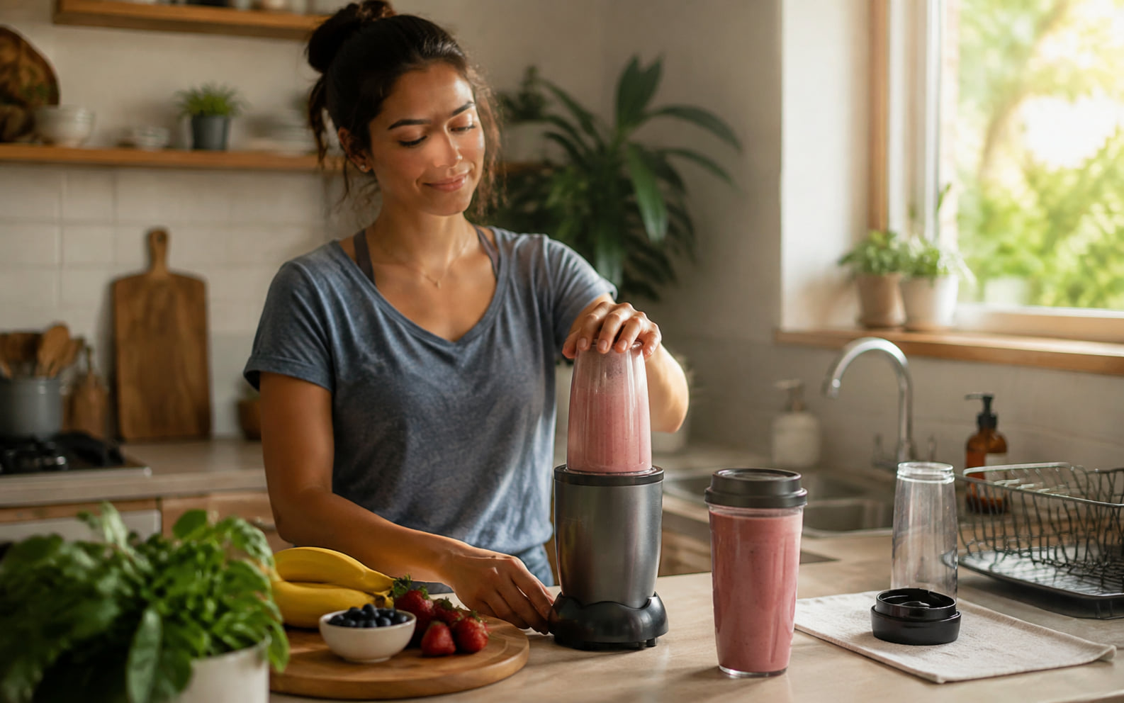 Editorial scene showing a generic one-serving cup blender with its serving and cleanup loop.