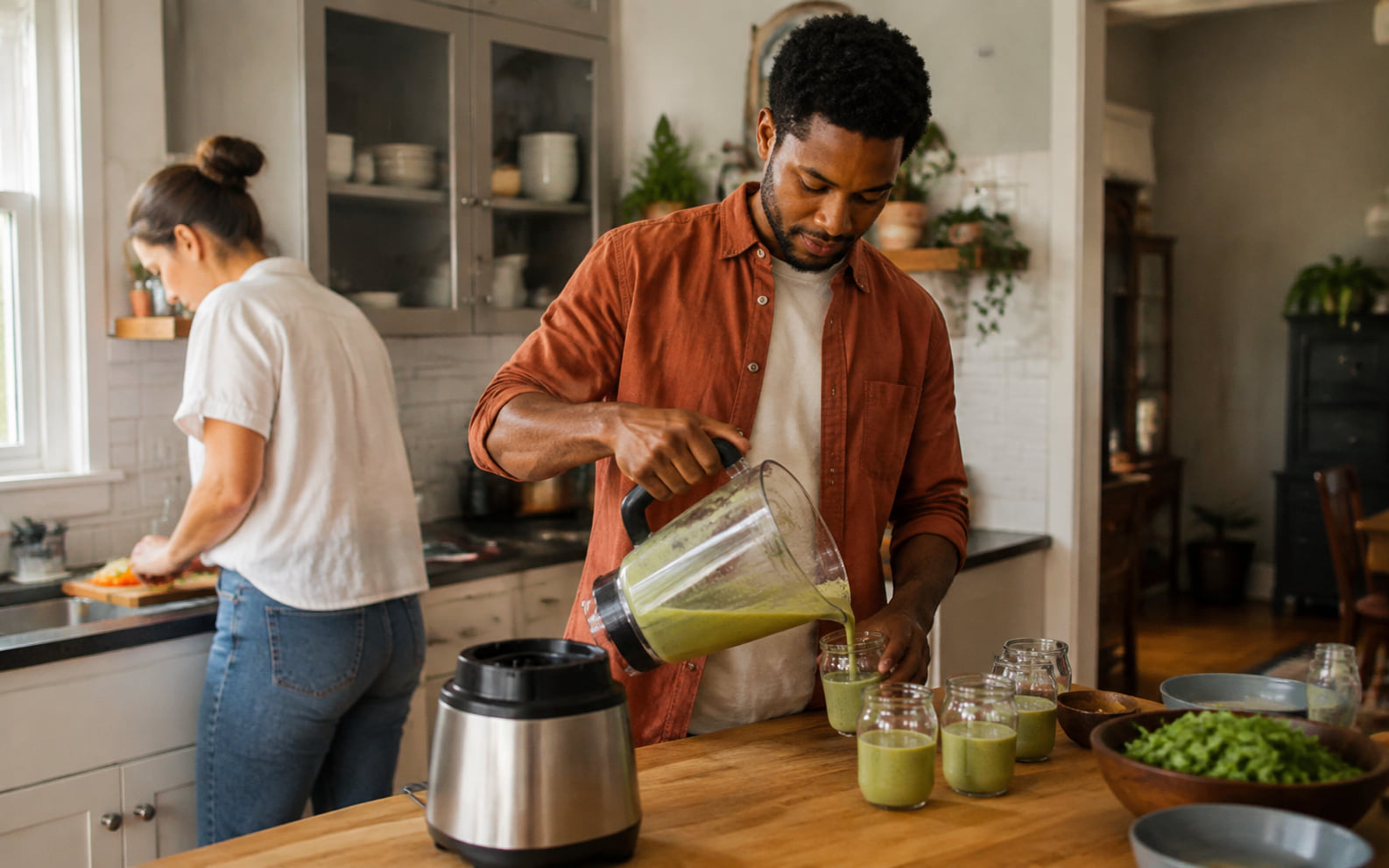 Editorial scene showing a generic full-size pitcher blender supporting several servings with transfer and cleanup visible.