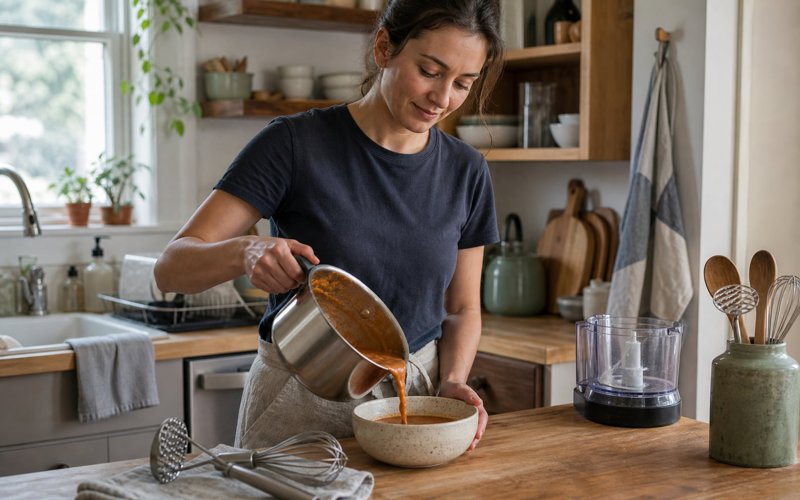 Editorial scene showing an existing immersion blender or simple kitchen method completing a real task without a new countertop machine.