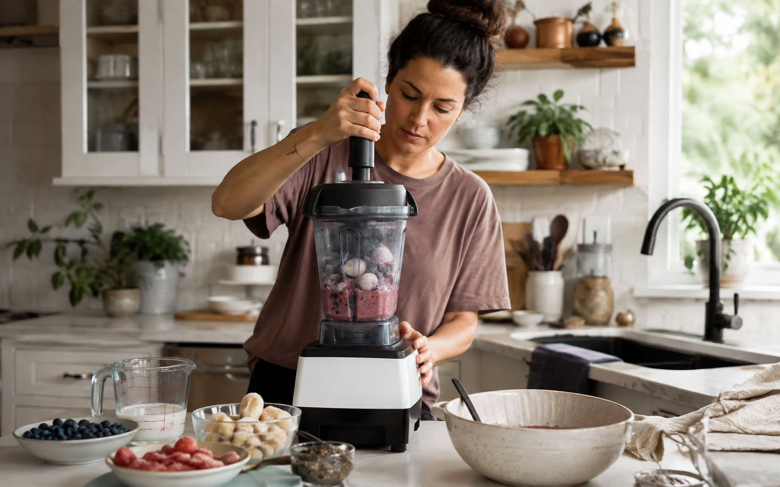 Editorial scene showing a generic full-size blender handling a dense mixture with preparation and safe active intervention visible.