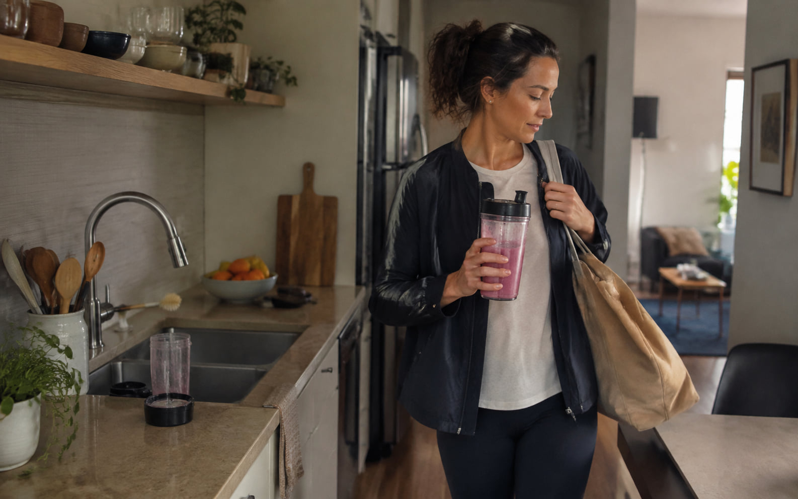 Editorial scene showing one serving moving through a generic cup-style blender, drinking vessel, and wash area.