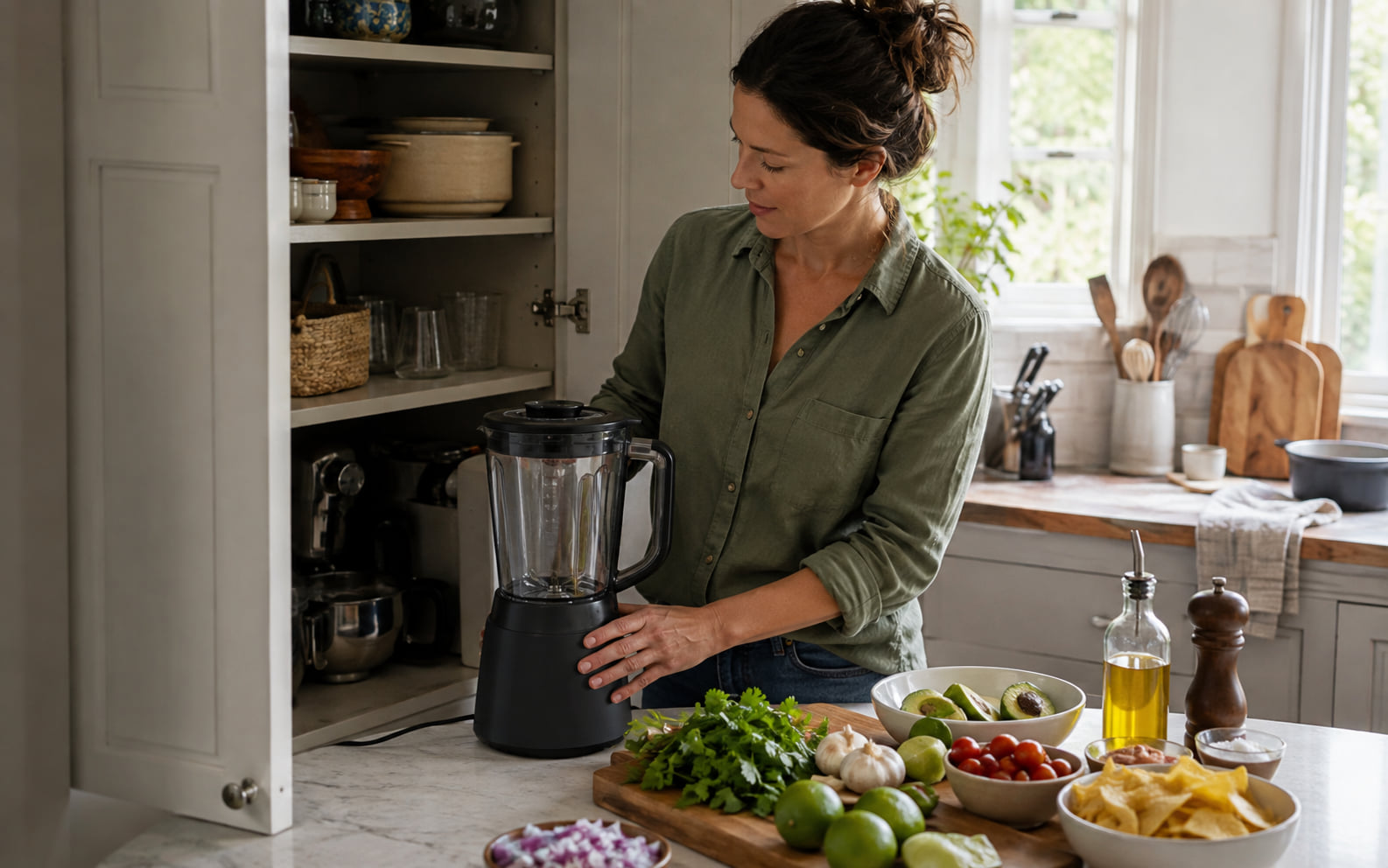 Editorial scene showing a generic blender being retrieved for an occasional sauce, soup, dip, or shared drink recipe.