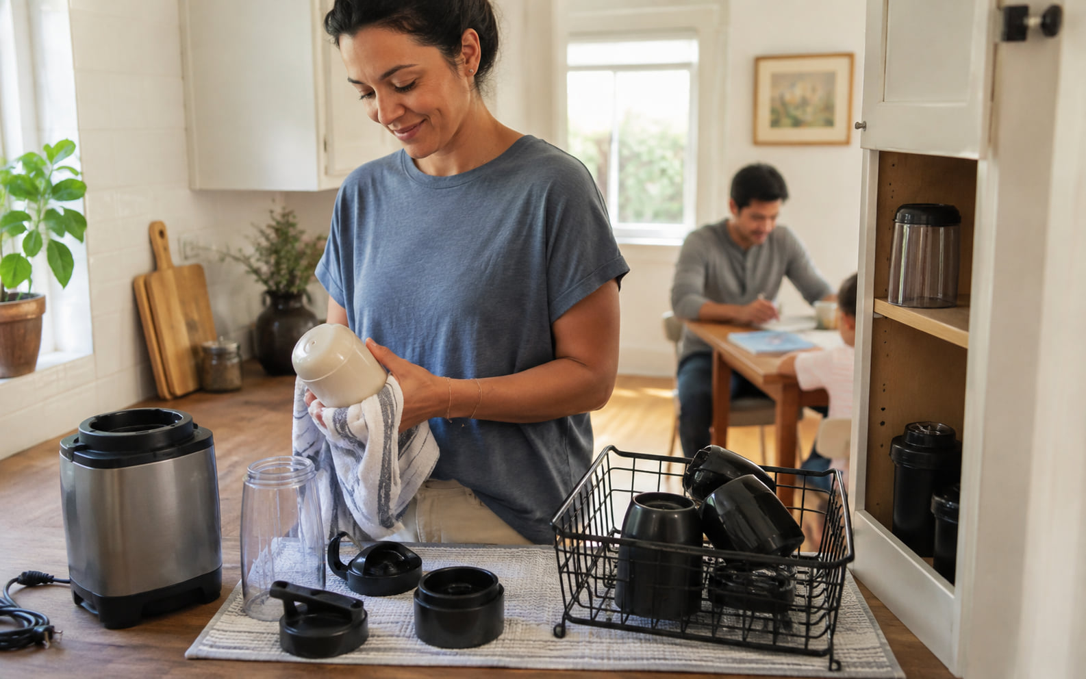 Editorial scene showing a generic blender with containers, lids, food-contact parts, residue, cord, clearance, drying, noise context, and storage.